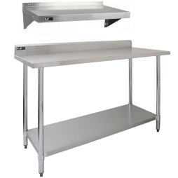 5ft Stainless Steel Catering Bench & 2 Wall Mounted Shelves Commercial Kitchen Work Prep Table Worktop Backsplash 2 Tier Adjustable Heavy Duty Corrosion Resistant FREE Microfibre Cloths & Fixing Kit