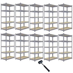 10 x Grey Racking Bay Unit 5 Tier Heavy Duty Steel Metal 200kg capacity Per Shelf Garage Shelves Storage Warehouse Shed Workshop Boltless Shelving 90 x 50 x 180cm Free Rubber Mallet