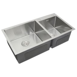 Stainless Steel Kitchen Sink Double Bowl Satin Finish Square Premium Handmade With Strainer Plug & Waste Pipe Set