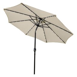 Cream 2.4m LED Tilt Parasol Umbrella Garden Sun Shade Canopy Patio Outdoor 360 Rotation UV Protection Winding Crank Adjustable 32 Solar Power Lights Cool White 8 Ribs 5.5kg FREE Waterproof Rain Cover