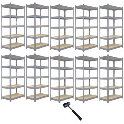 10 x Grey Racking Bay Unit 5 Tier Heavy Duty Steel Metal 200kg capacity Per Shelf Garage Shelves Storage Warehouse Shed Workshop Boltless Shelving 120 x 50 x 180cm Free Rubber Mallet