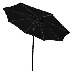 Black 2.4m LED Tilt Parasol Umbrella Garden Sun Shade Canopy Patio Outdoor 360 Rotation UV Protection Winding Crank Adjustable 32 Solar Power Lights Cool White 8 Ribs 5.5kg FREE Waterproof Rain Cover