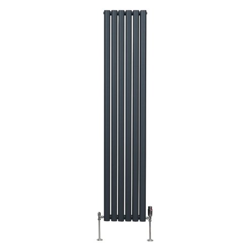 Oval Column Radiator 1800mm x 360mm & TRV Chrome Valves Designer Double Panel Central Heating Heater Anthracite Grey Steel Vertical Kitchen Living Room FREE Cleaning Brush Fixing Kit & Brackets