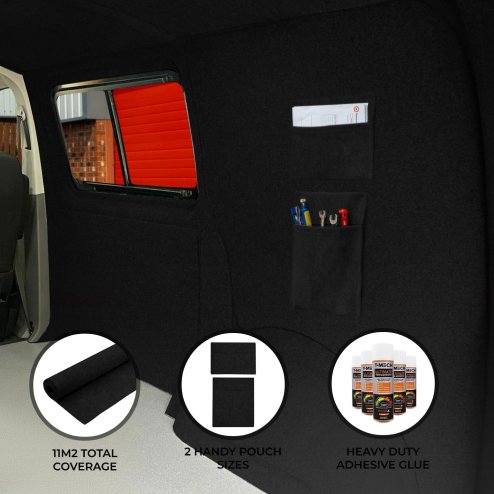 Camper Van Lining 2 Storage Pouches & 5 Cans Adhesive Glue Black Carpet 4 Way Stretch 2m Wide 11m2 Coverage Car Motorhome Vehicle Interior Campervan Conversion 2 Size Tool Document Pocket Organiser