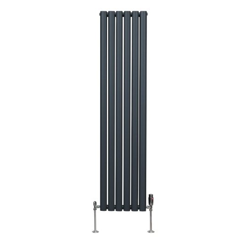 Oval Column Radiator 1600mm x 360mm & TRV Chrome Valves Modern Designer Double Panel Central Heating Heater Anthracite Grey Steel Vertical Kitchen Living Room FREE Cleaning Brush Fixing Kit & Brackets