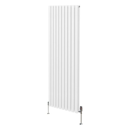 Oval Column Radiator 1800mm x 600mm & TRV Chrome Valves Modern Designer Double Panel Central Heating Heater White Steel Vertical Kitchen Living Room FREE Cleaning Brush Fixing Kit & Brackets