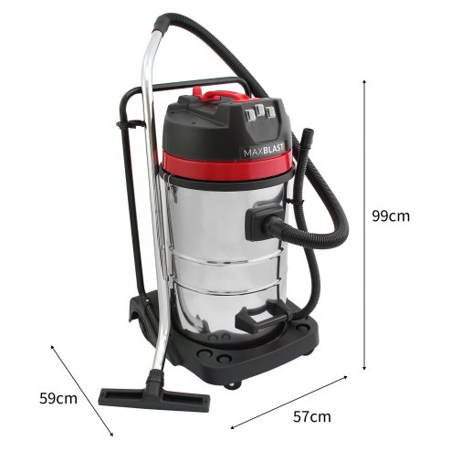 Industrial Vacuum Cleaner 80L Wet & Dry 4 Attachments Commercial Cleaning 3000W Triple Motor Stainless Steel Cloth Filter 1.5m Hose 9m Cable Bagless or Bagged 3 x FREE Hoover Bags