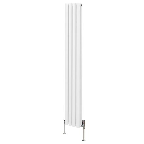 Oval Column Radiator 1800mm x 240mm & TRV Chrome Valves Modern Designer Double Panel Central Heating Heater White Steel Vertical Kitchen Living Room FREE Cleaning Brush Fixing Kit & Brackets