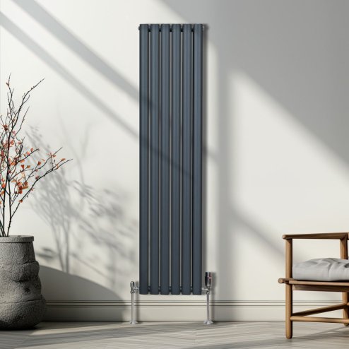 Oval Column Radiator 1600mm x 360mm & TRV Chrome Valves Modern Designer Double Panel Central Heating Heater Anthracite Grey Steel Vertical Kitchen Living Room FREE Cleaning Brush Fixing Kit & Brackets