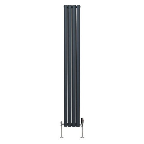 Oval Column Radiator 1800mm x 240mm & TRV Chrome Valves Modern Designer Double Panel Central Heating Heater Anthracite Grey Steel Vertical Kitchen Living Room FREE Cleaning Brush Fixing Kit & Brackets