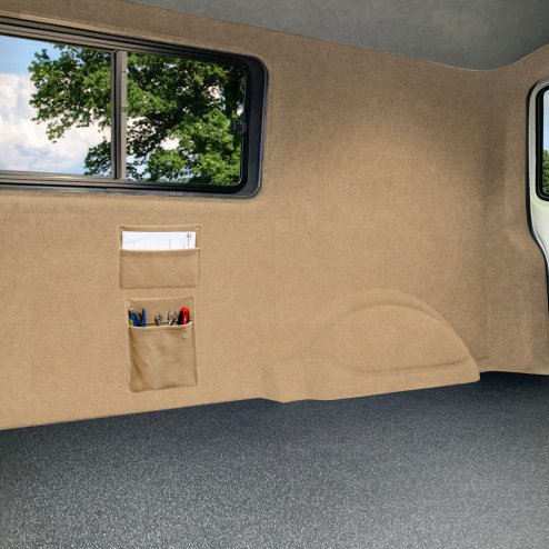 Camper Van Lining 2 Storage Pouches & 5 Cans Adhesive Glue Beige Carpet 4 Way Stretch 2m Wide 11m2 Coverage Car Motorhome Vehicle Interior Campervan Conversion 2 Size Tool Document Pocket Organiser