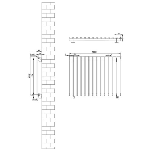 Oval Single Column Radiator & Valves - 600mm x 780mm - Black