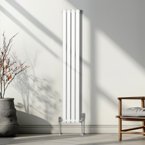 Oval Column Radiator 1600mm x 240mm Modern Designer Double Panel Central Heating Heater Gloss White Carbon Steel Vertical Kitchen Living Room Bathroom FREE Cleaning Brush Fixing Kit & Brackets
