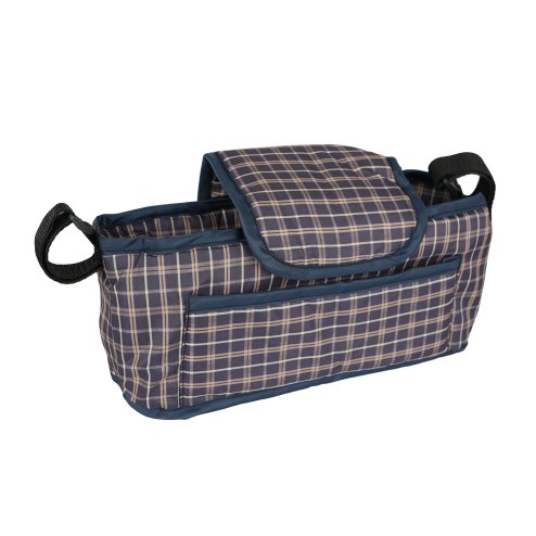 Pet Stroller Caddy Organiser Blue Tartan Pushchair Pram Travel Accessory Bag Detachable Hook & Loop Straps Elastic Cup Pouch Front Pocket Large Capacity Multifunctional Waterproof Oxford Fabric