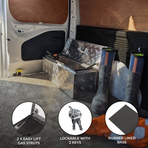 Aluminium Tool Box 35L Lockable Chest 2 Keys Trailer Truck Van Locker Boxes Storage Heavy Duty Checker Plate Rubber Base Liner & Seal Gas Struts Carry Case Small 26