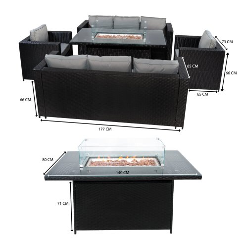 8 Seater Rattan Furniture Set With Firepit - Black