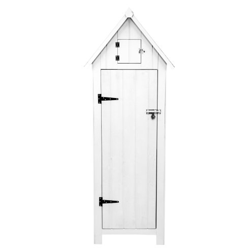 Wooden Garden Storage Shed White Tool Organiser Cabinet Beach Hut Sentry Box Lockable Doors 3 Corner Shelves 4 Door Hooks Roof Hatch Padlock 4 Keys Ground Fixing Kit Screw Covers Fir Wood Asphalt Roof