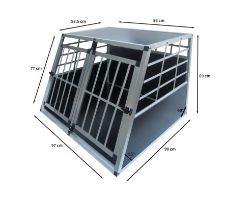 Pet Car Transport Crate Cage Large Aluminium Travel Box Trapezoidal Dog Cat Puppy Carrier Estate Vehicle 2 Doors 69 x 97 x 90cm | FREE Plastic Washable Mat