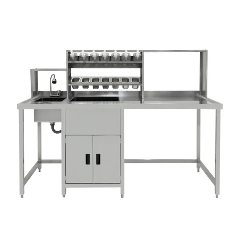 Bubble Tea Workbench Boba Drink Prep Station Serving Counter Stainless Steel Sink Mixer Tap Drip Tray Glass Refresher Ice Well Cupboard Shelves Gastro Pots Syrup Pump Bottles Custom For KuKoo Machines