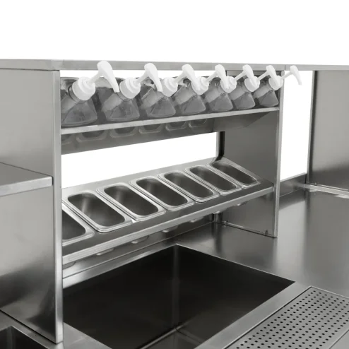 Bubble Tea Workbench Boba Drink Prep Station Serving Counter Stainless Steel Sink Mixer Tap Drip Tray Glass Refresher Ice Well Cupboard Shelves Gastro Pots Syrup Pump Bottles Custom For KuKoo Machines
