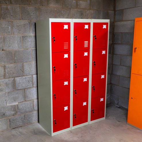 MonsterShop 3 x Metal Lockers, 4 Door Storage, Blue & Grey Metal Lockable Unit, School Staff Gym Changing Room
