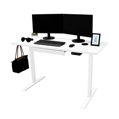 Electric Standing Desk 140cm x 60cm White Height Adjustable Ergonomic Sit to Stand Computer Workstation Built In Drawer USB A & C Charging Cable Holes & Tray Bag Hook Office Table Memory Smart Panel