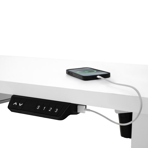 Electric Standing Desk 140cm x 60cm White Height Adjustable Ergonomic Sit to Stand Computer Workstation Built In Drawer USB A & C Charging Cable Holes & Tray Bag Hook Office Table Memory Smart Panel