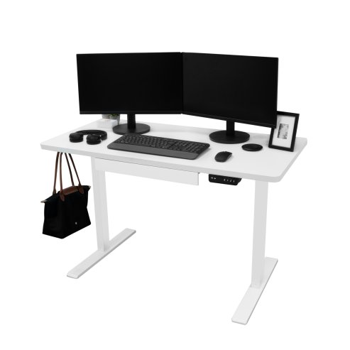 Electric Standing Desk 120 x 60cm White Height Adjustable Ergonomic Sit Stand Computer Workstation Built In Drawer USB A & C Charging Cable Holes & Tray Bag Hook Office Table Timer Memory Smart Panel