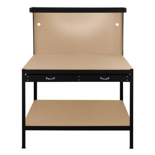 Garage Workbench Black Pegboard Drawer Shelves LED Light Heavy Duty Steel Wooden Workshop Industrial Shed DIY Work Table Desk Tool Storage Station Unit 370kg Total Capacity 40 Hooks Rubber Mallet