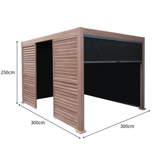 Wood Effect Aluminium Pergola With Blinds, 2 x Side Panels & LED Lights - 3m x 3m