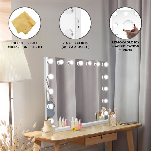 Light Up Hollywood Mirror 15 LED Vanity Makeup Table Wall Touch Screen Dimmable 3 Colour Modes Bluetooth Speaker 2 Charging Ports USB-A & USB-C Microfibre Cleaning Cloth 10 x Magnification Mirror