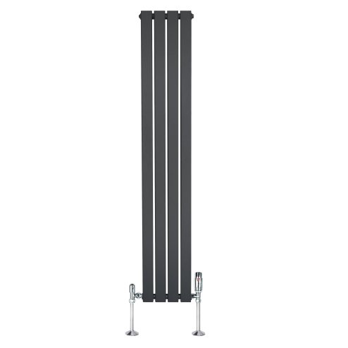 Flat Single Column Radiator & Valves - 1600mm x 280mm - Anthracite Grey