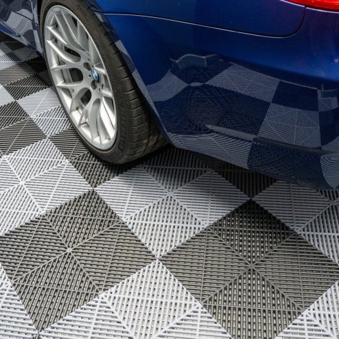 Vented Modular Interlocking Flooring Tiles & Edges 60 Black & 60 Grey Single Garage Heavy Duty Floor Mat Showroom Workshop Outdoor Polypropylene Anti Slip Weather Resistant Drainage 3.2m x 6m 19.2m2