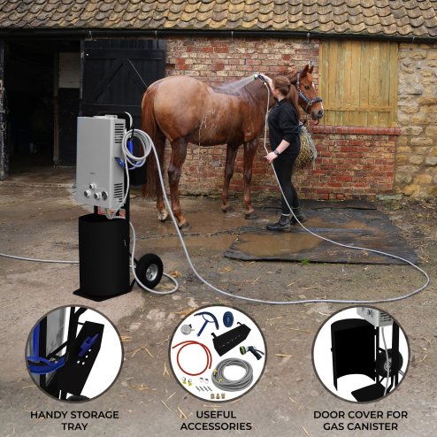 Portable Horse Shower With Steel Trolley Black 18L Tankless Instant Hot Water Gas Boiler LPG Heater 10m Water Hose & 9-Pattern Spray Gun Camping Outdoor 10