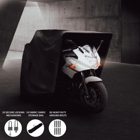Motorbike Motorcycle Tent Large Waterproof Shelter Outdoor Storage Garage Moped Bike Scooter Oxford Fabric Cover Steel Frame 170cm H x 104cm W x 294cm L Lockable 2 x FREE Padlocks & 8 x Ground Bolts