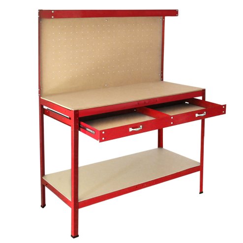 Metal Workbench With Pegboard And Drawer Heavy-Duty Steel Tool Storage Station Unit With Shelves FREE 40 Hooks DIY Workshop Industrial Work-Top Garage Work-table Red