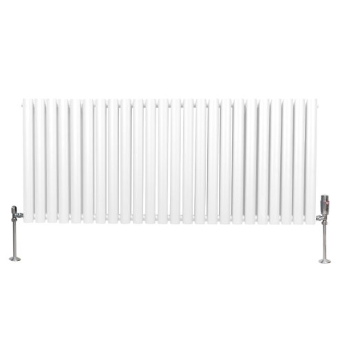 Oval Column Radiator 600mm x 1440mm & TRV Chrome Valves Modern Designer Double Panel Central Heating Heater White Steel Horizontal Kitchen Living Room FREE Cleaning Brush Fixing Kit & Brackets