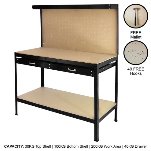 Garage Workbench With Pegboard Drawer Heavy Duty Bench Steel Tool Storage Station Unit With Shelves FREE 40 Hooks DIY Workshop Industrial Metal Work-table Worktop Black