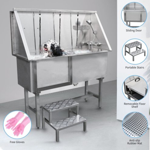 Dog Grooming Bath Stainless Steel 400mm Professional Pet Washing Station Large Groomer Bathing Tub Cleaning Metal Shower Walk In | FREE Gloves | With Faucet And Drainage Kit