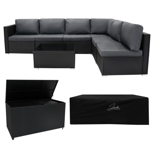 Rattan Modular 7 Piece Furniture Set & 996L Storage Box - Black