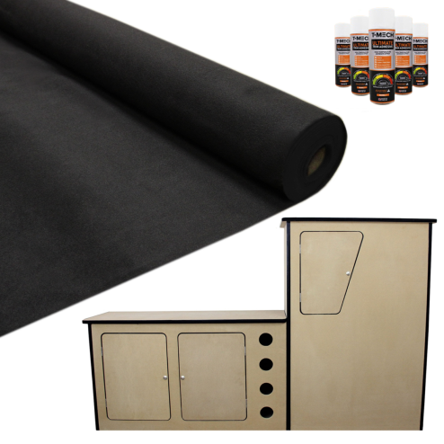 T-Mech 11m2 Van Lining Carpet Super Stretch Kit Black | With Camper Motor Home Kitchen Unit | FREE 5 Heavy Duty Adhesive Glue Spray Cans Image