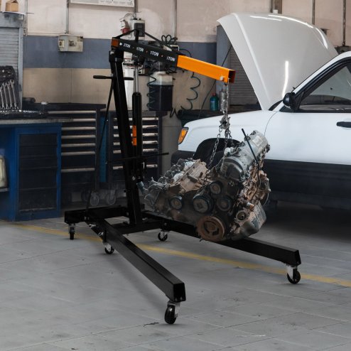 Engine Crane 2 Tonne Ton 2000kg Hydraulic Pump Handle Folding Legs Hoist Lift Jack Stand Handle 6 Portable Heavy Duty Wheels Workshop Garage 4 JIB Positions Chain Hook Black Powder Coated Steel