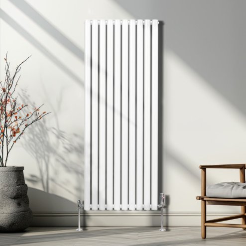 Oval Column Radiator 1600mm x 600mm Modern Designer Double Panel Central Heating Heater Gloss White Carbon Steel Vertical Kitchen Living Room Bathroom FREE Cleaning Brush Fixing Kit & Brackets
