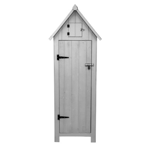 Wooden Garden Storage Shed Grey Tool Organiser Cabinet Beach Hut Sentry Box Lockable Doors 3 Corner Shelves 4 Door Hooks Roof Hatch Padlock 4 Keys Ground Fixing Kit Screw Covers Fir Wood Asphalt Roof