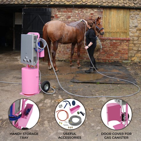 Portable Horse Shower With Steel Trolley Pink 18L Tankless Instant Hot Water Gas Boiler LPG Heater 10m Water Hose & 9-Pattern Spray Gun Camping Outdoor 10