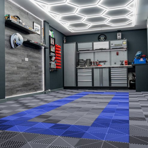 Vented Modular Interlocking Flooring Tiles 165 Grey & 60 Blue With Edges & Hexagon LED Lighting 28 White Lights & Border 6500K 3 Mount Options & Suspended Ceiling Kit Double Garage Floor Mat 6m x 6m