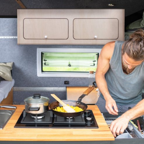 Campervan Overhead Cabinet 2 Door Top Locker Central Divider Camper Van Furniture Storage Lightweight Solid Birch Plywood Unpainted Soft Close Hinges Push Button Locks Pre Drilled Holes Fixing Kit