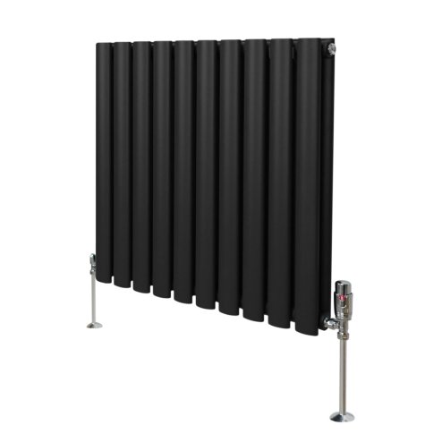 Oval Column Radiator 600mm x 600mm & TRV Chrome Valves Modern Designer Double Panel Central Heating Heater Black Steel Horizontal Kitchen Living Room FREE Cleaning Brush Fixing Kit & Brackets