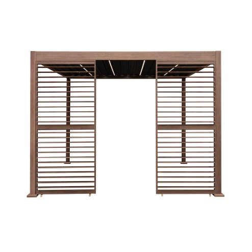 Wood Effect Aluminium Pergola With LED Lights & 2 x Side Panels - 3m x 3m