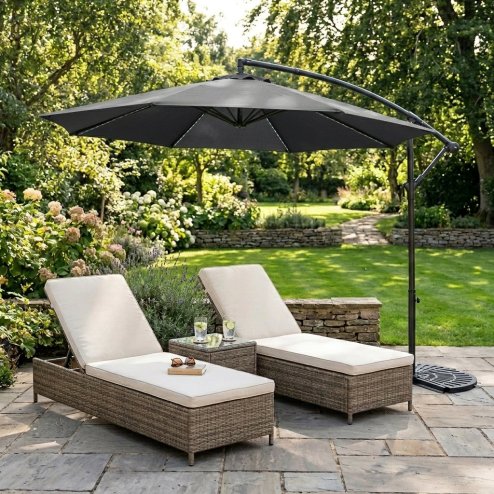 LED Cantilever Parasol 3m With Half Fan Base - Grey